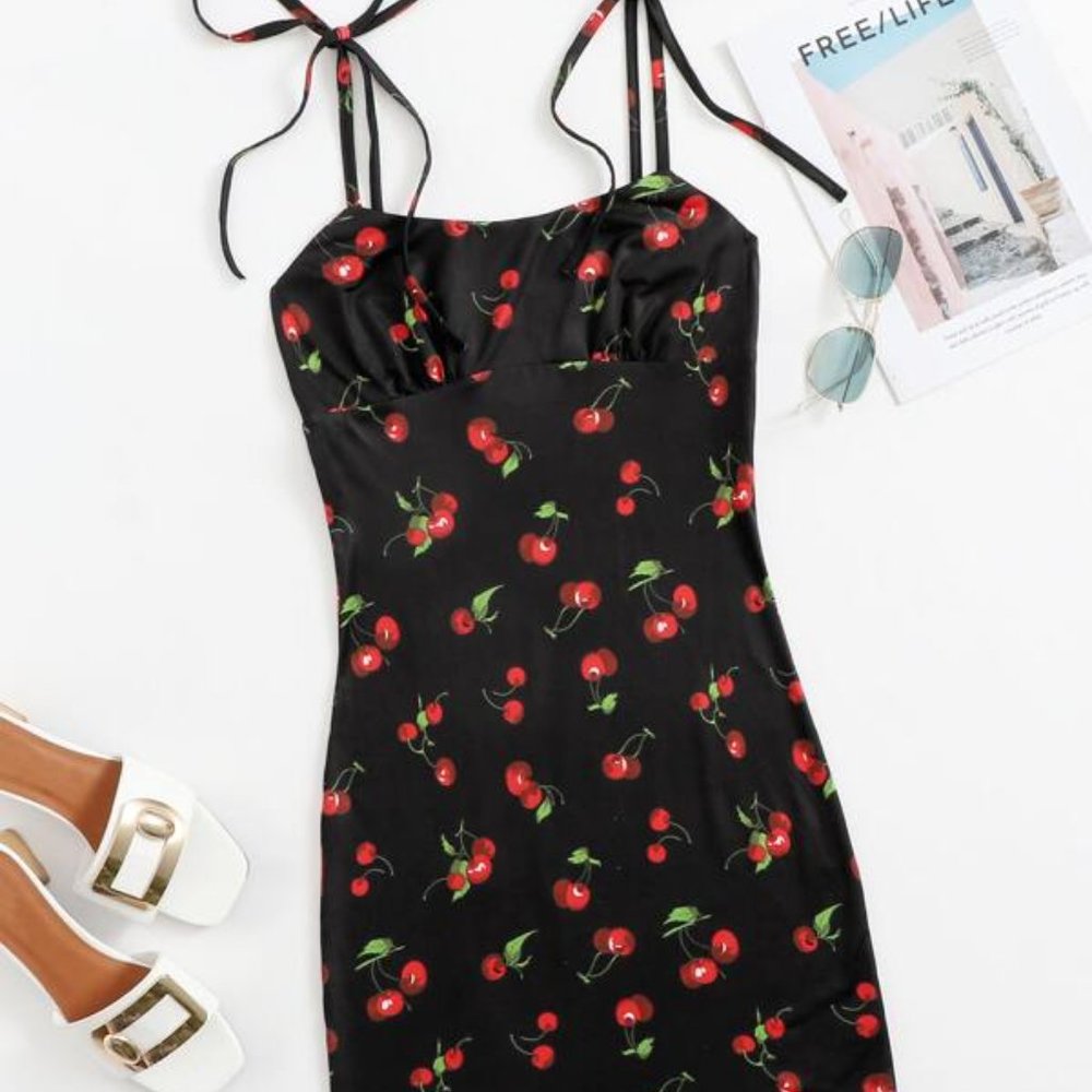 Tie Strap Ruched Bust Cherry Print Body Con Slip Dress